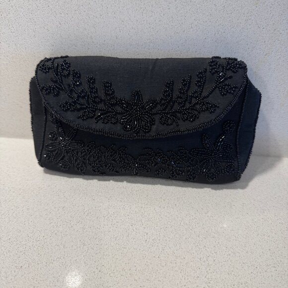VINTAGE BLACK BEADED EVENING BAG CLUTCH MADE IN FRANCE 'ALBRO' - Picture 1 of 15